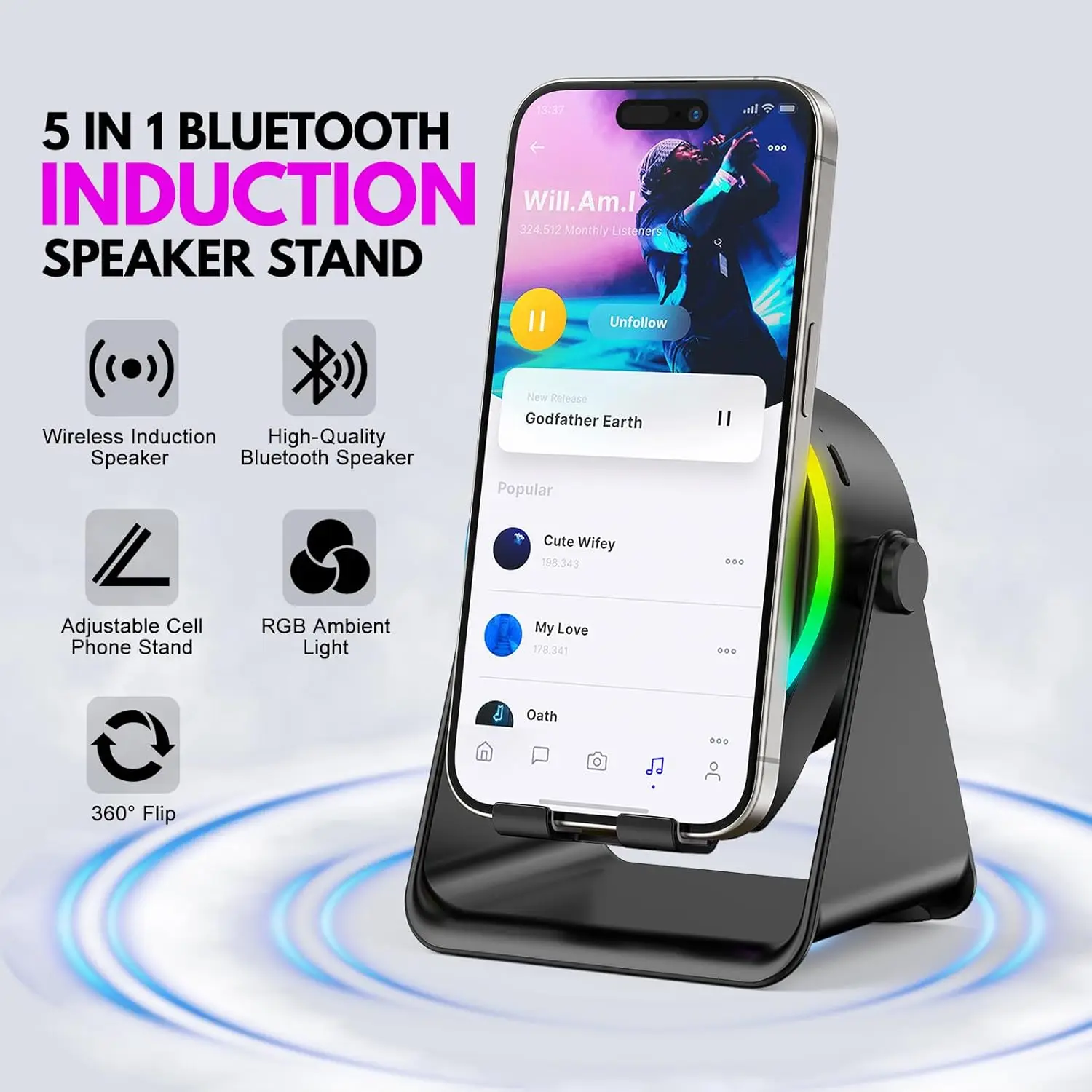 5-In-1 Rgb Bluetooth-Lautsprecher Mit Handyhalterung – Leistungsstarker Hifi-Sound, Subwoofer Und Magnetische Tablet-Halterung 5-In-1 Rgb Bluetooth-Lautsprecher Mit Handyhalterung – Leistungsstarker Hifi-Sound, Subwoofer Und Magnetische Tablet-Halterung - Image 2