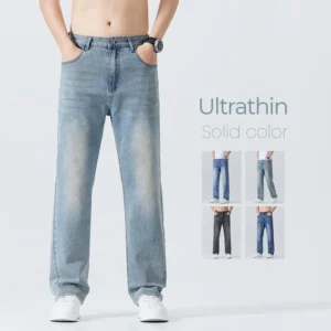 Summer Thin Straight Jeans Men's Clothing Soft Breathable Trousers Male Brand Comfortable Business Loose Denim Pants