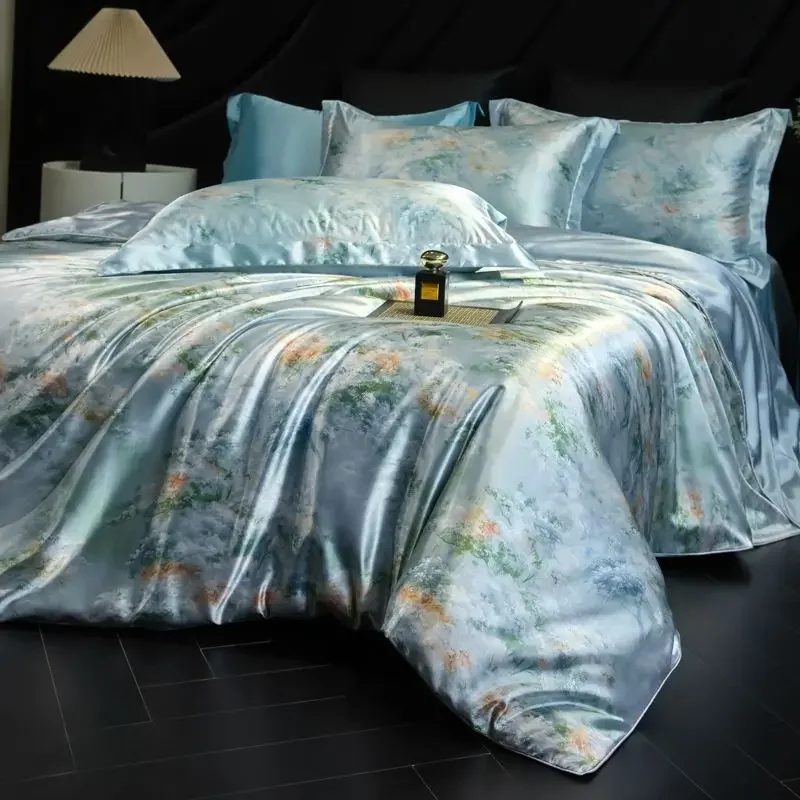 100% Natural Mulberry Silk Fitted Sheet Bedding Sets 3D Printed Satin Cooling Quilt Cover Set For Summer Single Double Bed Kit 100% Natural Mulberry Silk Fitted Sheet Bedding Sets 3D Printed Satin Cooling Quilt Cover Set For Summer Single Double Bed Kit - Image 12
