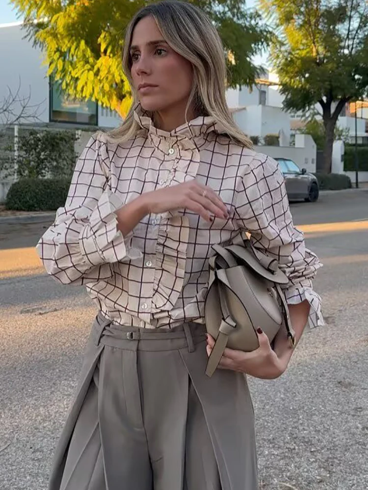 Süße Frauen Rüschen Plaid Lila Shirts 2025, Mode Damen Casual Stehkragen Blusen Für Party Weibliche Elegante Tops Kleidung Süße Frauen Rüschen Plaid Lila Shirts 2025, Mode Damen Casual Stehkragen Blusen Für Party Weibliche Elegante Tops Kleidung