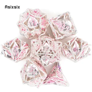 7 Pcs Pink Leaf Flower Metal Dice Hollow Metal Polyhedral Dice Set Suitable for Role-Playing RPG  Board Game Card Game