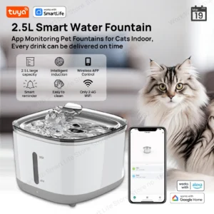 Katzen-Wasserbrunnen, 2,5 l/84 oz Tuya Smart App Haustier-Wasserbrunnen, automatischer Wasserspender für Katzen im Inneren mit SUS304-Schüssel