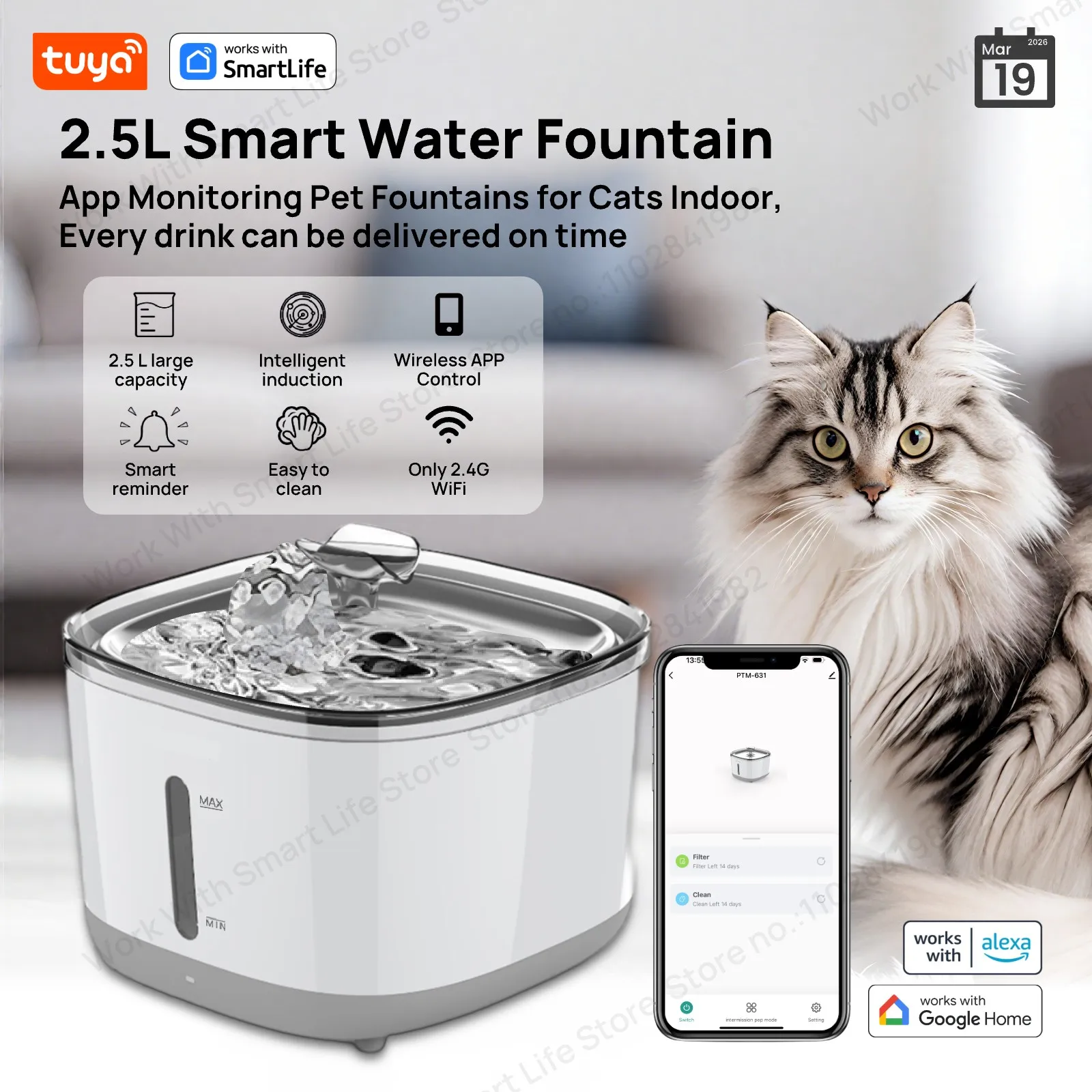 Katzen-Wasserbrunnen, 2,5 L/84 Oz Tuya Smart App Haustier-Wasserbrunnen, Automatischer Wasserspender Für Katzen Im Inneren Mit Sus304-Schüssel Katzen-Wasserbrunnen, 2,5 L/84 Oz Tuya Smart App Haustier-Wasserbrunnen, Automatischer Wasserspender Für Katzen Im Inneren Mit Sus304-Schüssel