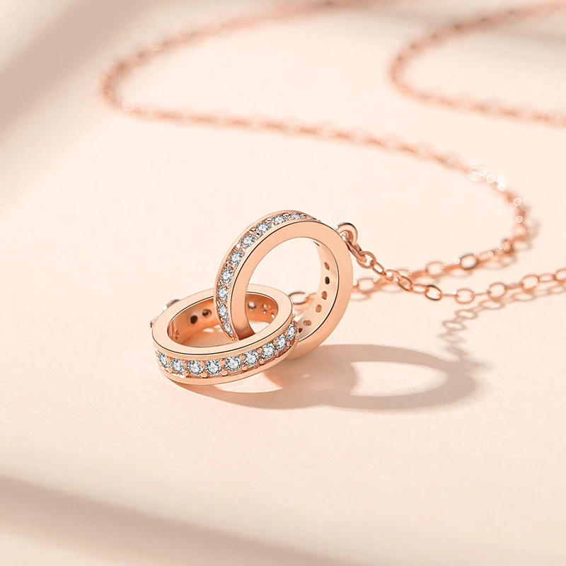 Neue Mode 925 Sterling Silber Doppel Runde Anhänger Halskette Rose Gold Strass Doppel Kreis Halskette Für Frauen Schmuck Geschenk Neue Mode 925 Sterling Silber Doppel Runde Anhänger Halskette Rose Gold Strass Doppel Kreis Halskette Für Frauen Schmuck Geschenk - Image 3