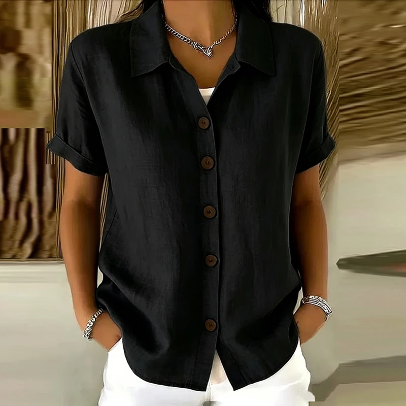Elegante Damen-Sommerblusen Aus Baumwolle Und Leinen, Kurzarm, Reverskragen, Knopfleiste, Einfarbig, Lockeres Hemd, Lässige Damenbluse, Cardigan-Oberteile Elegante Damen-Sommerblusen Aus Baumwolle Und Leinen, Kurzarm, Reverskragen, Knopfleiste, Einfarbig, Lockeres Hemd, Lässige Damenbluse, Cardigan-Oberteile - Image 7