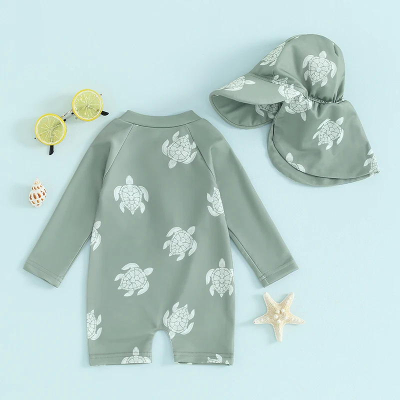 Tregren Toddler Boys Rash Guard Swimsuit Long Sleeve Turtle/Dinosaur Print Infant Bathing Suit Swimwear With Swim Caps Beachwear Tregren Toddler Boys Rash Guard Swimsuit Long Sleeve Turtle/Dinosaur Print Infant Bathing Suit Swimwear With Swim Caps Beachwear - Image 2