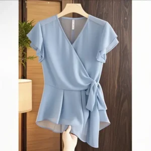 Wickelbluse mit V-Ausschnitt für Damen, kurzärmelig, Rüschendetail, elegantes Sommer-Top mit Krawatte an der Taille, lockere Passform, Freizeitkleidung