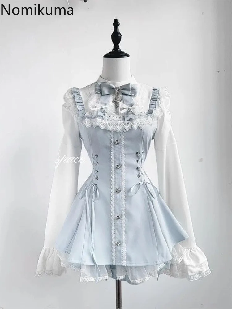Frauen Kleidung Kleid Anzug Zwei Stück Sets Roupas Femme Lolita Stil Schlanke Taille Bogen Spitze Süße Kleider Outfits Japanische Nette Set Frauen Kleidung Kleid Anzug Zwei Stück Sets Roupas Femme Lolita Stil Schlanke Taille Bogen Spitze Süße Kleider Outfits Japanische Nette Set