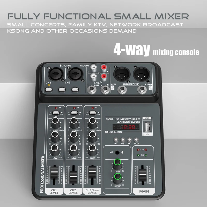4-Kanal-Audiomischer Mit 48 V Phantomspeisung, Usb &Amp; Bluetooth – Dj-Mischpult Für Karaoke, Studio, Aufnahmen &Amp; Live-Musik 4-Kanal-Mixer