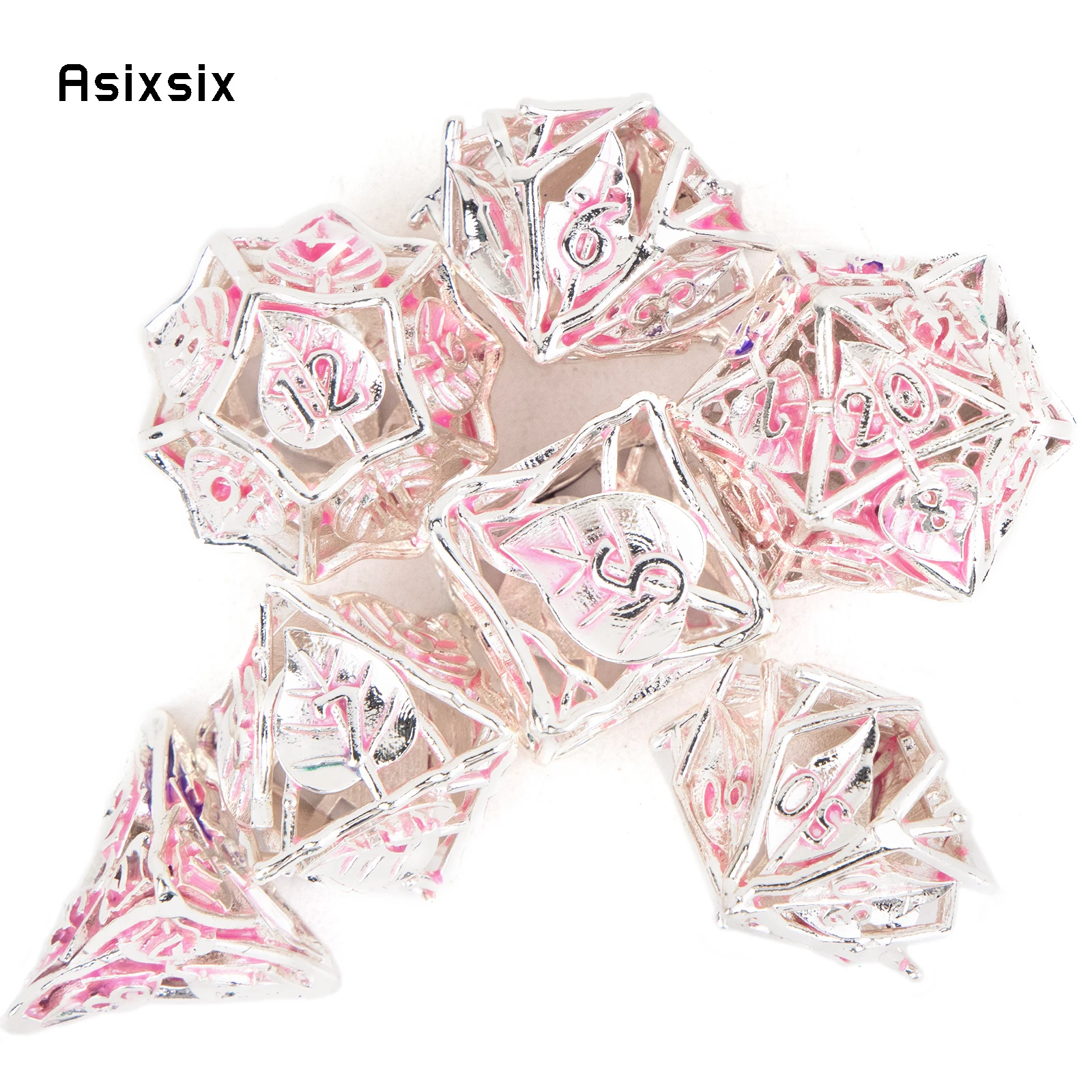7 Pcs Pink Leaf Flower Metal Dice Hollow Metal Polyhedral Dice Set Suitable For Role-Playing Rpg Board Game Card Game 7 Pcs Pink Leaf Flower Metal Dice Hollow Metal Polyhedral Dice Set Suitable For Role-Playing Rpg Board Game Card Game - Image 3
