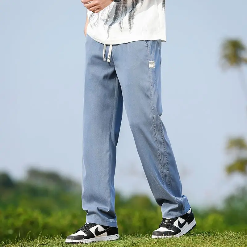 Herren-Jeans Aus Weichem Lyocell-Stoff Für Den Sommer, Dünne, Lockere, Gerade Denim-Hose, Elastische Taille Mit Kordelzug, Freizeithose In Übergröße M-5Xl Herren-Jeans Aus Weichem Lyocell-Stoff Für Den Sommer, Dünne, Lockere, Gerade Denim-Hose, Elastische Taille Mit Kordelzug, Freizeithose In Übergröße M-5Xl