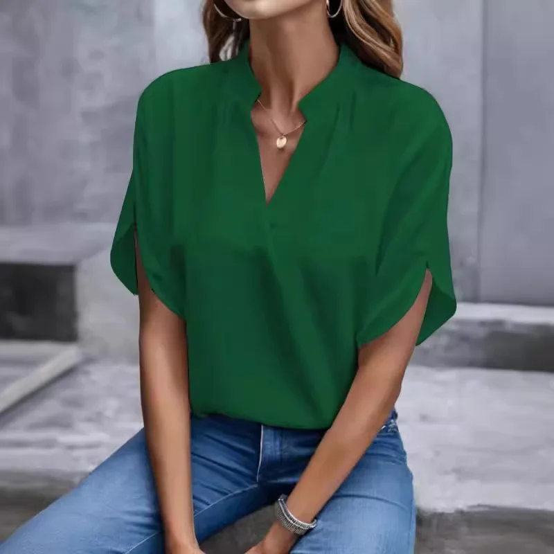 V-Ausschnitt Kurzarm Lockere Bluse Damen Casual Einfarbiges Oberteil Büro-Dame Elegantes Sommer-Shirt Übergröße Pullover Tops V-Ausschnitt Kurzarm Lockere Bluse Damen Casual Einfarbiges Oberteil Büro-Dame Elegantes Sommer-Shirt Übergröße Pullover Tops - Image 2