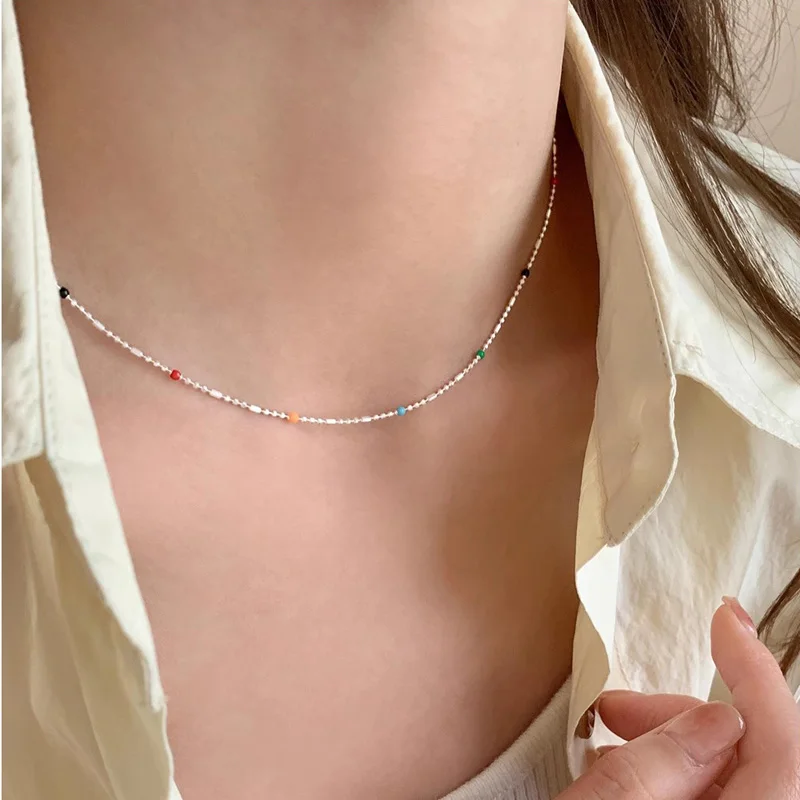 Halskette Aus 925Er-Silber Mit Einfachen Geometrischen Mehrfarbigen Perlen, Halsband, Glänzende, Zarte Schlüsselbeinkette Für Damen Halskette Aus 925Er-Silber Mit Einfachen Geometrischen Mehrfarbigen Perlen, Halsband, Glänzende, Zarte Schlüsselbeinkette Für Damen - Image 2