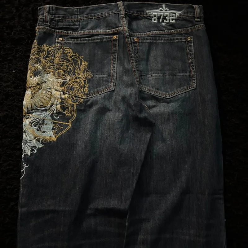 American New Fashion Oversize Pattern Embroidered Baggy Jeans Men Y2K Gothic Harajuku Hip Hop Straight High Waist Wide Leg Pants American New Fashion Oversize Pattern Embroidered Baggy Jeans Men Y2K Gothic Harajuku Hip Hop Straight High Waist Wide Leg Pants - Image 6
