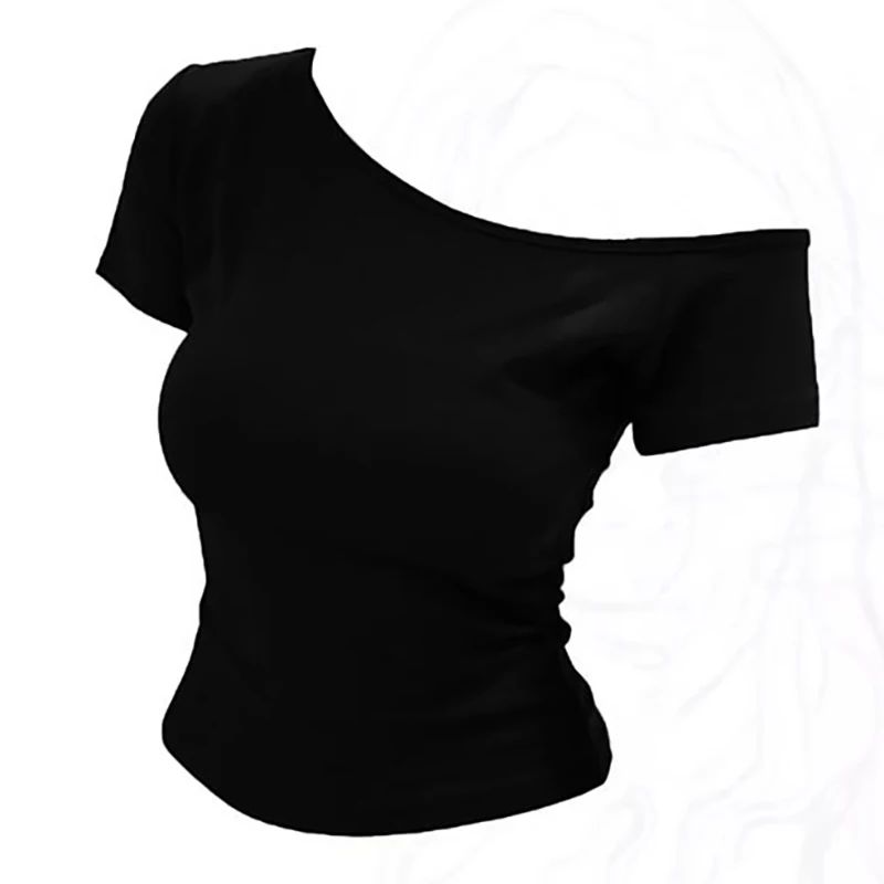 Sommerliches Off-Shoulder-Top Für Damen, Schmal Geschnitten, Kurzärmeliges T-Shirt, One-Shoulder-Oberteil, Sexy Basic-T-Shirt, Koreanischer Chic Sommerliches Off-Shoulder-Top Für Damen, Schmal Geschnitten, Kurzärmeliges T-Shirt, One-Shoulder-Oberteil, Sexy Basic-T-Shirt, Koreanischer Chic - Image 8