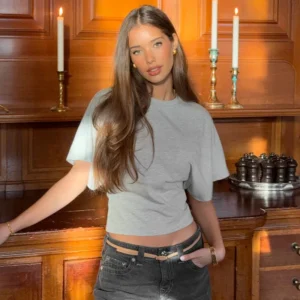 Mode Lässig Solide Grau Gestellte T-shirt 2025, Frau Kleidung Oansatz Korsett Tops Streetwear Mädchen Frühling Sommer Kurze T-shirts
