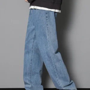2026 New Korean Men's Casual Long Jeans Classic Man Straight Denim Wide-leg Pants Solid Color Light Blue Grey Black