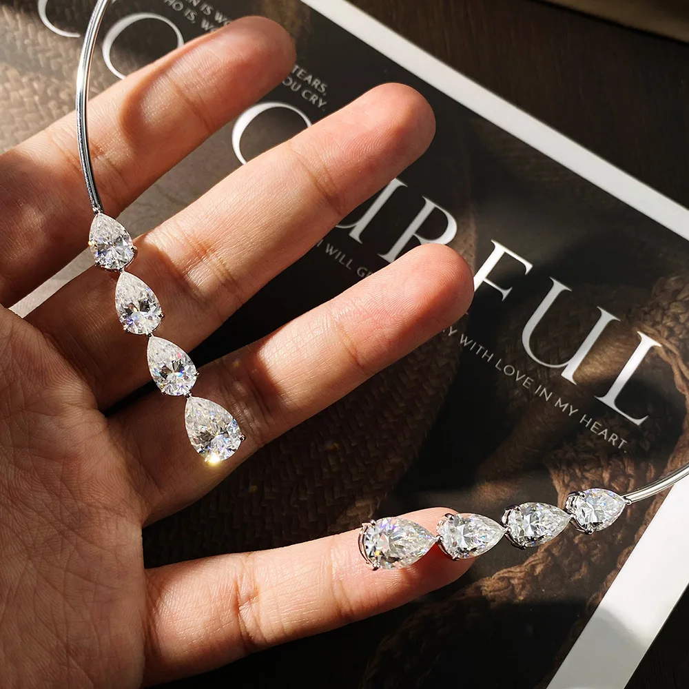 Knobspin D Vvs1 Moissanit-Diamant Offene Choker-Halskette Aus Massivem 925Er Silber Mit Birnen-/Herzschliff-Diamanten, Manschetten-Halsketten Für Damen Knobspin D Vvs1 Moissanit-Diamant Offene Choker-Halskette Aus Massivem 925Er Silber Mit Birnen-/Herzschliff-Diamanten, Manschetten-Halsketten Für Damen - Image 3