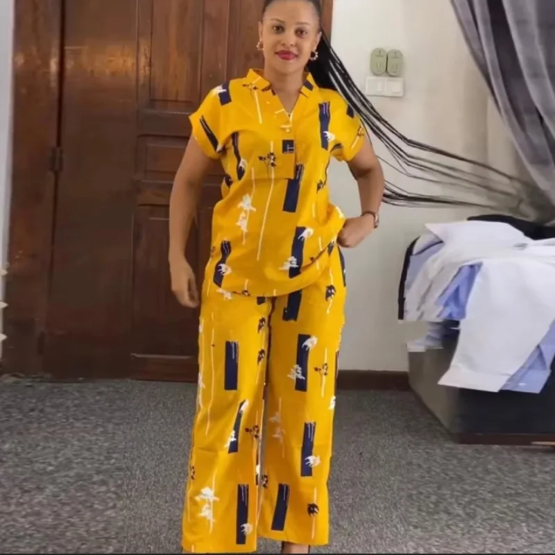 Afrikanische Mode Hosen Set Frauen Bluse Gerade Hosen Zwei Stück Set Frau Hemd Trainingsanzug Set Sommer Top Passenden Sets Afrikanische Mode Hosen Set Frauen Bluse Gerade Hosen Zwei Stück Set Frau Hemd Trainingsanzug Set Sommer Top Passenden Sets - Image 3
