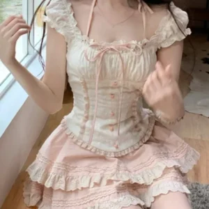 Japanische Kawaii Süße Neue 2-teiliges Set Frauen Patchwork Lolita Lace Up Vintage Set Weibliche Y2k Prinzessin Mini Rock Anzug Sommer 2025