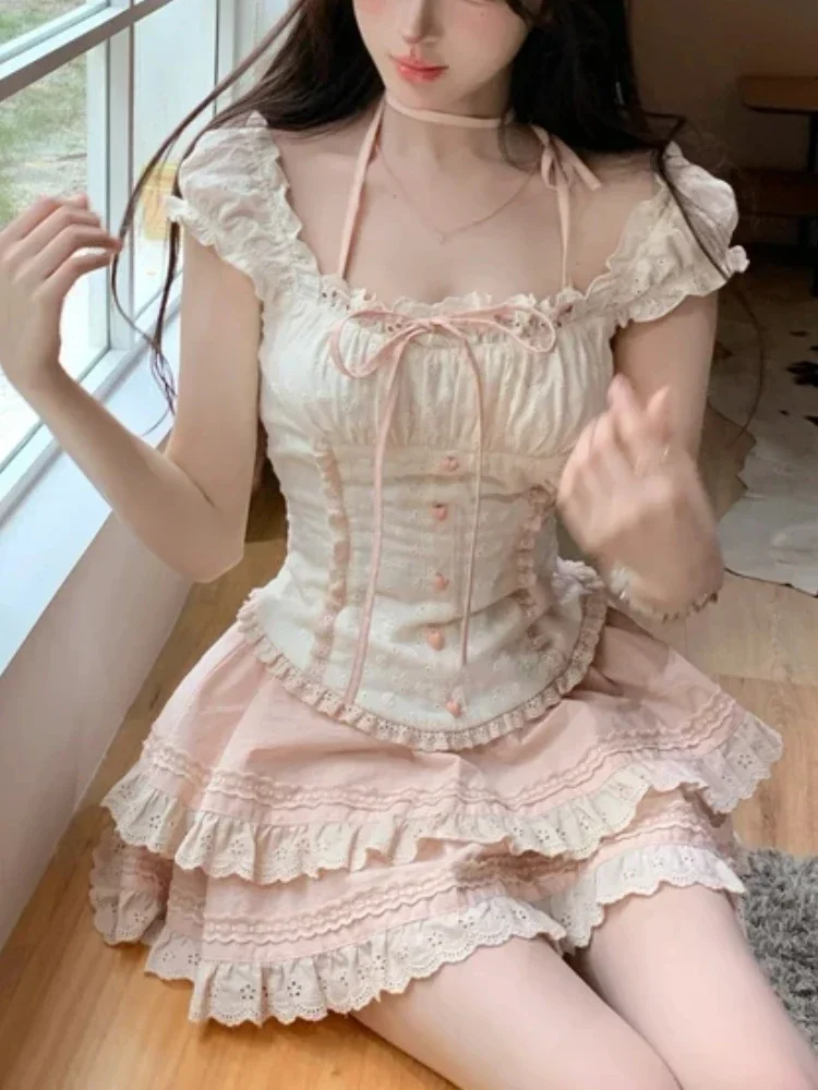 Japanische Kawaii Süße Neue 2-Teiliges Set Frauen Patchwork Lolita Lace Up Vintage Set Weibliche Y2K Prinzessin Mini Rock Anzug Sommer 2025 Japanische Kawaii Süße Neue 2-Teiliges Set Frauen Patchwork Lolita Lace Up Vintage Set Weibliche Y2K Prinzessin Mini Rock Anzug Sommer 2025