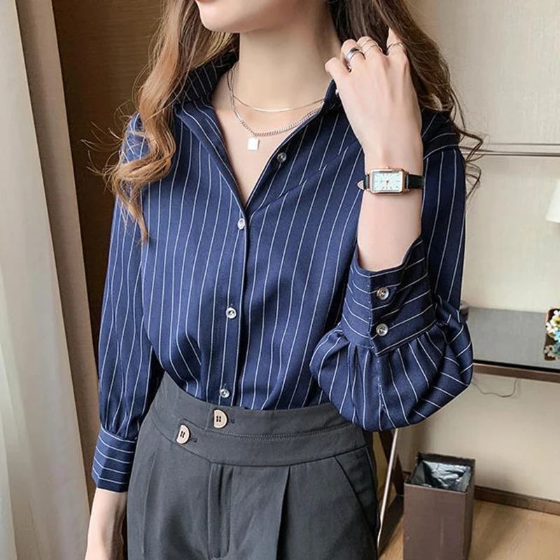 Gestreiftes Hemd Damen Sommer Vintage Chic Lose Langarm Top Y2K Büro Damen Mode Lässig Umlegekragen All Match Bluse Gestreiftes Hemd Damen Sommer Vintage Chic Lose Langarm Top Y2K Büro Damen Mode Lässig Umlegekragen All Match Bluse - Image 4