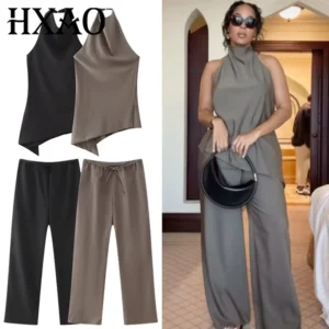 HXAO Satin-Hosen-Sets, zweiteiliges Set für Damen, asymmetrisches Neckholder-Top-Set, 2-teiliges Damen-Outfit, schicke Hosen-Sets mit hoher Taille und Schnürung
