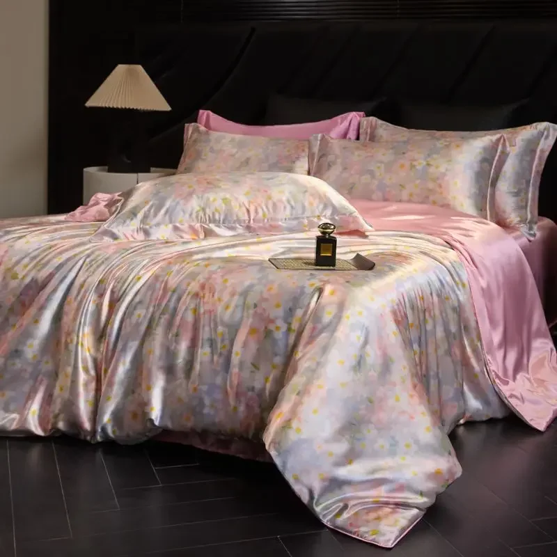 100% Natural Mulberry Silk Fitted Sheet Bedding Sets 3D Printed Satin Cooling Quilt Cover Set For Summer Single Double Bed Kit 100% Natural Mulberry Silk Fitted Sheet Bedding Sets 3D Printed Satin Cooling Quilt Cover Set For Summer Single Double Bed Kit - Image 15