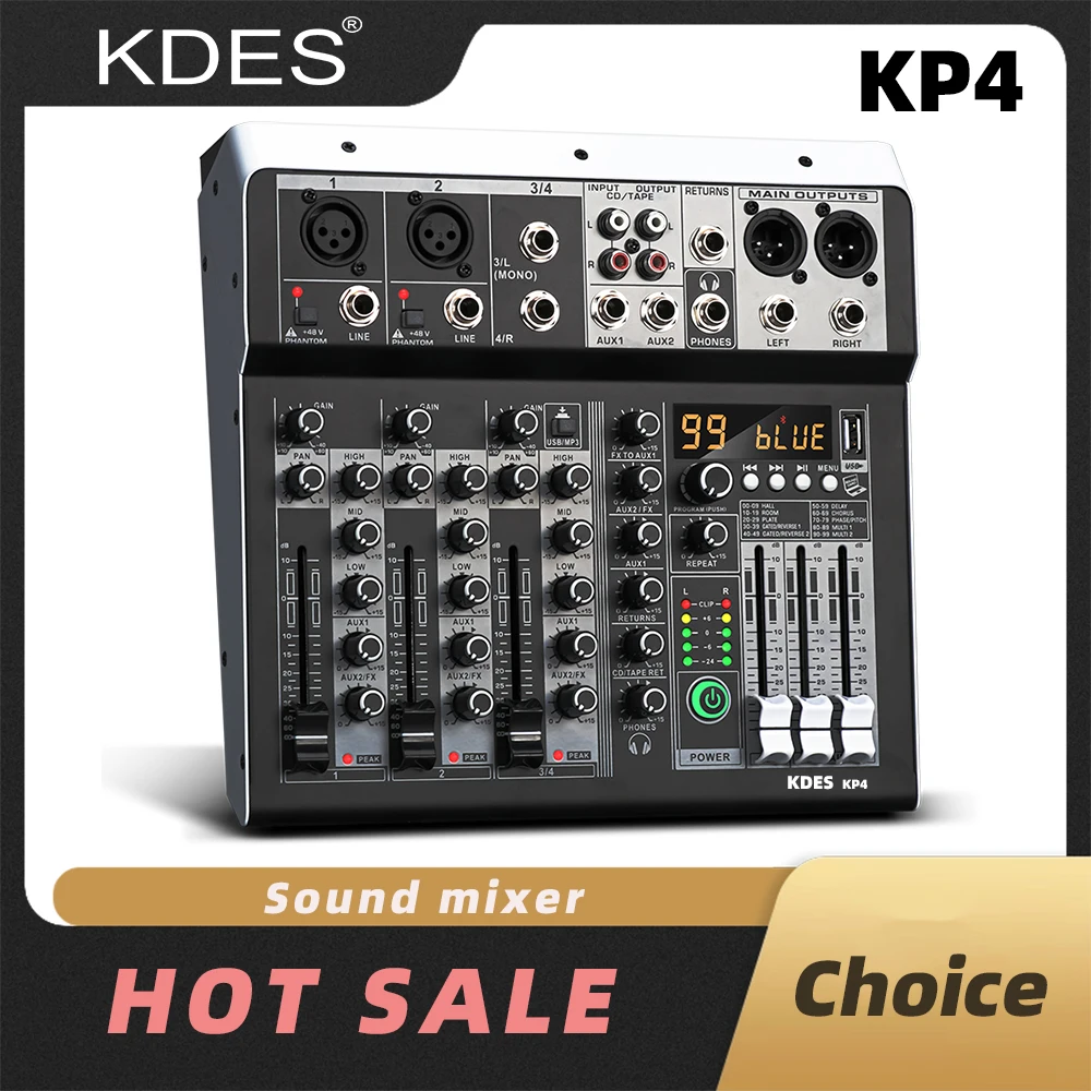 Kdes Kp4 4-Kanal-Audiomischpult Mit 99 Dsp-Effekten, Bluetooth, Usb &Amp; 48 V Phantomspeisung Für Karaoke, Pc-Aufnahmen Und Dj-Anwendungen Mischpult