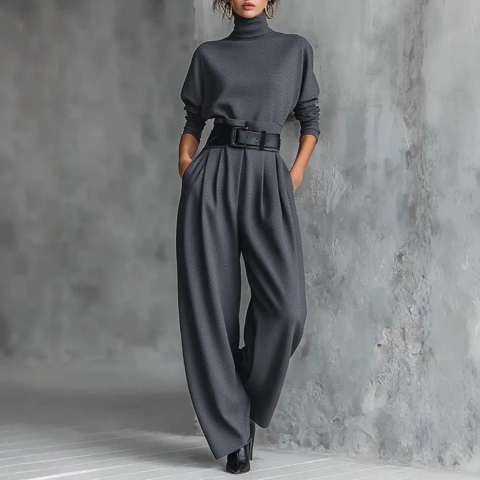 Damen High-Waist Wide-Leg Hosen-Set Frühling Herbst Mode Slim Fit Oberteil Und Gürtel 2-Teiliges Outfit Langarm Hochgeschlossenes Design Damen High-Waist Wide-Leg Hosen-Set Frühling Herbst Mode Slim Fit Oberteil Und Gürtel 2-Teiliges Outfit Langarm Hochgeschlossenes Design - Image 4