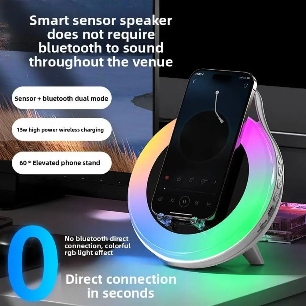Multifunktionaler Bluetooth-Lautsprecher Mit Kabelloser Ladefunktion, Farbigem Ambientelicht, Freisprechfunktion &Amp; Telefonhalter Multifunktionaler Bluetooth-Lautsprecher Mit Kabelloser Ladefunktion, Farbigem Ambientelicht, Freisprechfunktion &Amp; Telefonhalter - Image 5