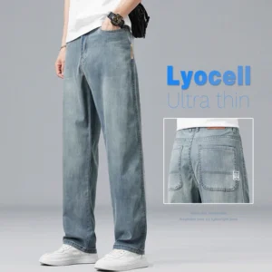 Summer Ultra-thin Lyocell Men's Jeans Drape Soft Fabric Loose Straight Casual Denim Pants Elastic Ice Silk Male Trousers