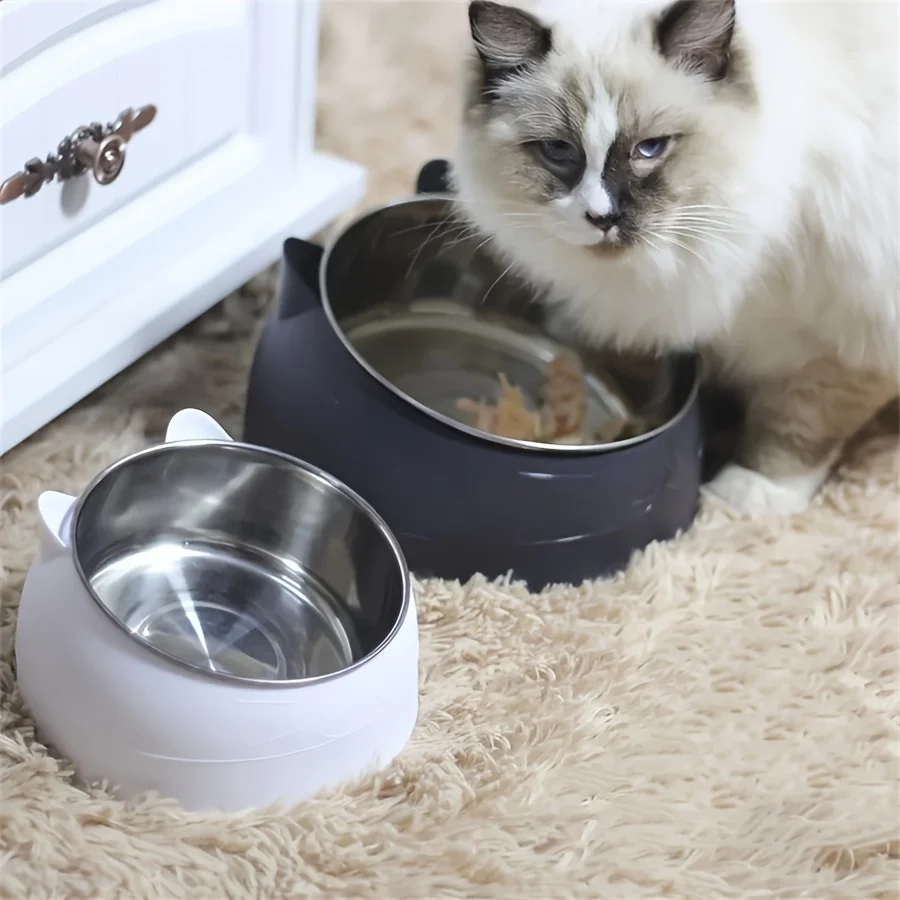 1Pc Elevated Stainless Steel Cat Bowl, Inclined Food &Amp; Water Dish With Cute Ear Stand, Neck Protection Design For Cats 1Pc Elevated Stainless Steel Cat Bowl, Inclined Food &Amp; Water Dish With Cute Ear Stand, Neck Protection Design For Cats - Image 4