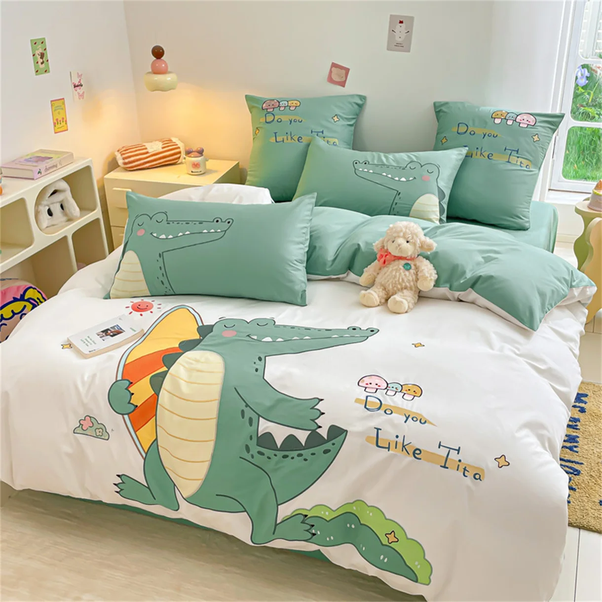 Cute Cartoon Dinosaur Single Duvet Cover Set For Kids, Bedding Set With Zipper, Microfiber Duvet Cover Set And Pillowcases 75*50 Cute Cartoon Dinosaur Single Duvet Cover Set For Kids, Bedding Set With Zipper, Microfiber Duvet Cover Set And Pillowcases 75*50 - Image 5