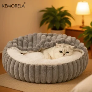 Beruhigendes warmes Kätzchenbett, runde Katzenhöhle mit Kapuze, Welpenschlafbett für den Innenbereich, geeignet für Katzen und Hunde, rutschfeste Unterseite, Katzenkissen