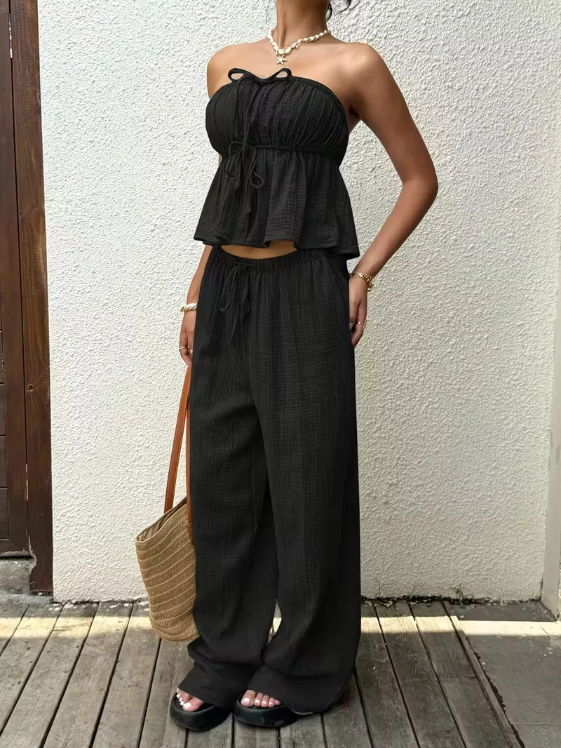 2-Teilige Damen-Outfits, Neue Lässige Zweiteilige Damen-Sets Mit Schnür-Oberteil Und Hose 2-Teilige Damen-Outfits, Neue Lässige Zweiteilige Damen-Sets Mit Schnür-Oberteil Und Hose - Image 3