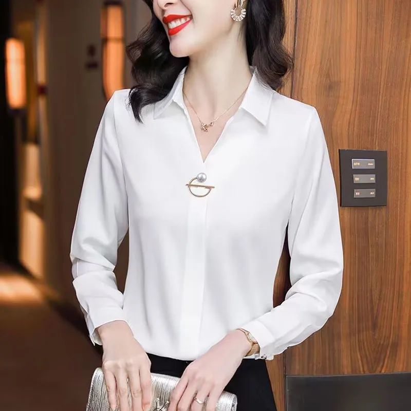 Elegante Frauen Chiffon Bluse 2025, Neue Temperament Turndown Kragen Büro Dame Hemd Streetwear Casual Einfarbig Tops Kleidung Elegante Frauen Chiffon Bluse 2025, Neue Temperament Turndown Kragen Büro Dame Hemd Streetwear Casual Einfarbig Tops Kleidung - Image 6