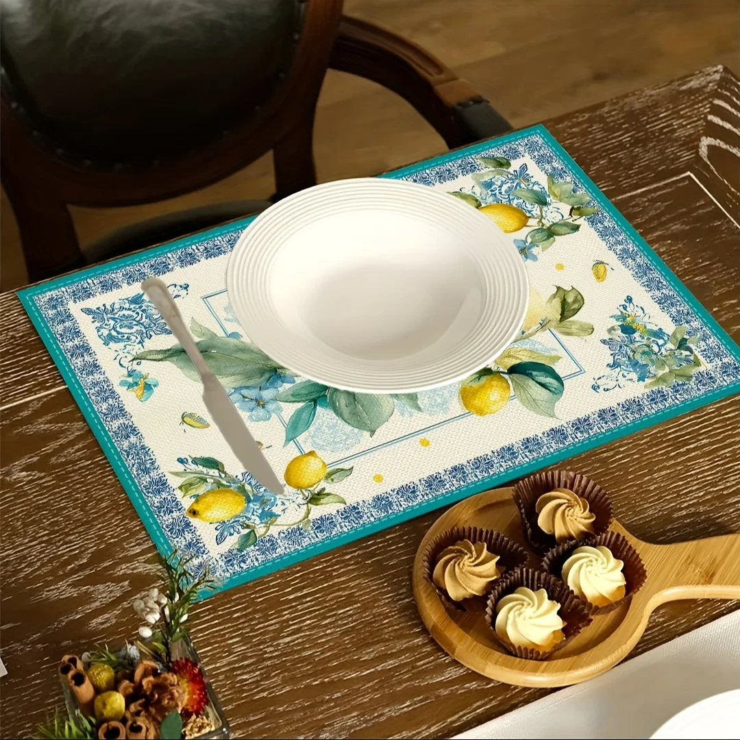 4-Teiliges Set Tischsets Mit Zitronen- Und Blumenmuster – Waschbare Polyester-Tischsets Mit Vintage-Rand, Für Esszimmer Und Küche 4-Teiliges Set Tischsets Mit Zitronen- Und Blumenmuster – Waschbare Polyester-Tischsets Mit Vintage-Rand, Für Esszimmer Und Küche - Image 4