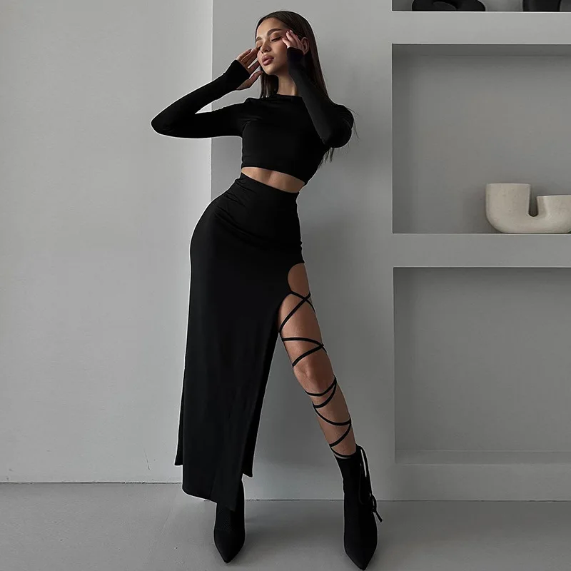 Modischer Und Sexy Damen-Herbst-Anzug, Einfarbig, Lässig, Langärmelig, Rundhals-Oberteil, Schmaler Riemen, Schlitzrock Modischer Und Sexy Damen-Herbst-Anzug, Einfarbig, Lässig, Langärmelig, Rundhals-Oberteil, Schmaler Riemen, Schlitzrock - Image 5