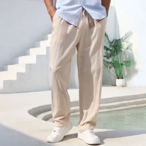 Herren-Hose aus Baumwolle und Leinen, gerades Bein, leicht, atmungsaktiv, bequem, Strand-Stil, einfarbig, lässig, gemütlich, Jogginghose