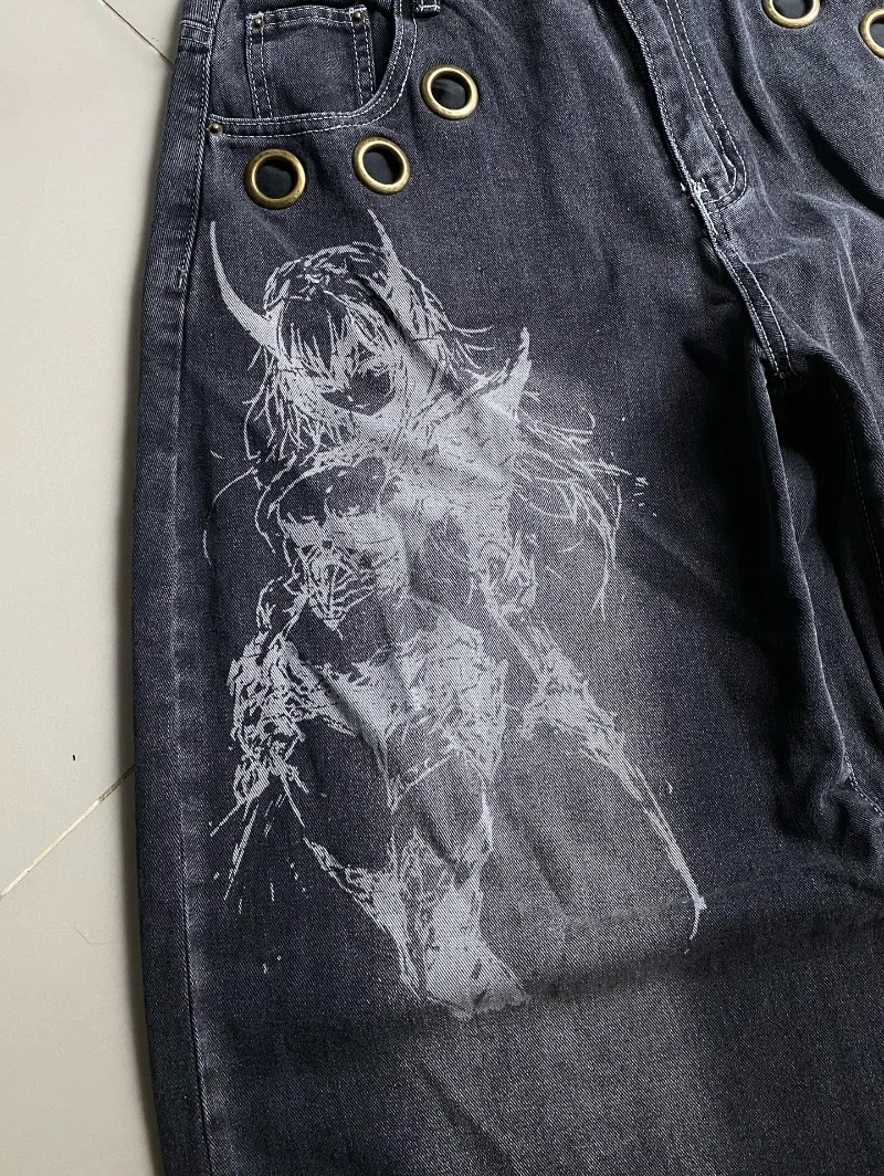 American New Fashion Oversized Pattern Printed Washed Jeans Men Y2K Gothic Rock Popular Casual Joker High Waist Wide Leg Pants American New Fashion Oversized Pattern Printed Washed Jeans Men Y2K Gothic Rock Popular Casual Joker High Waist Wide Leg Pants - Image 5