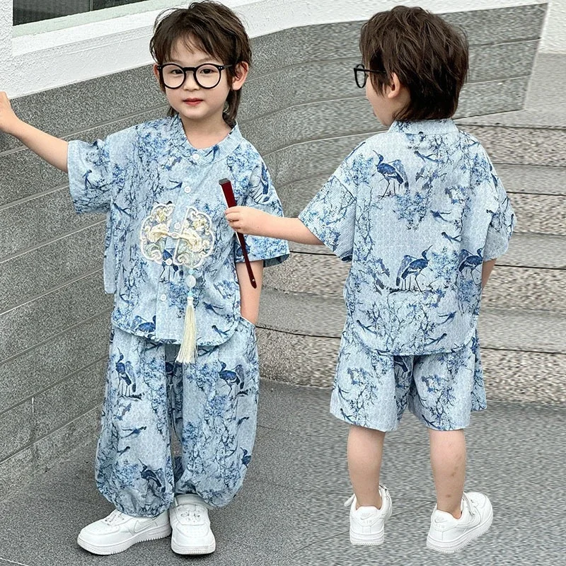 Fashion Baby Tang Costume Tops Pants Two-Piece Set Boy Outfit Casual Children'S Sets Summer Tweens Boys Hanfu Suit Kids Clothing Fashion Baby Tang Costume Tops Pants Two-Piece Set Boy Outfit Casual Children'S Sets Summer Tweens Boys Hanfu Suit Kids Clothing - Image 2