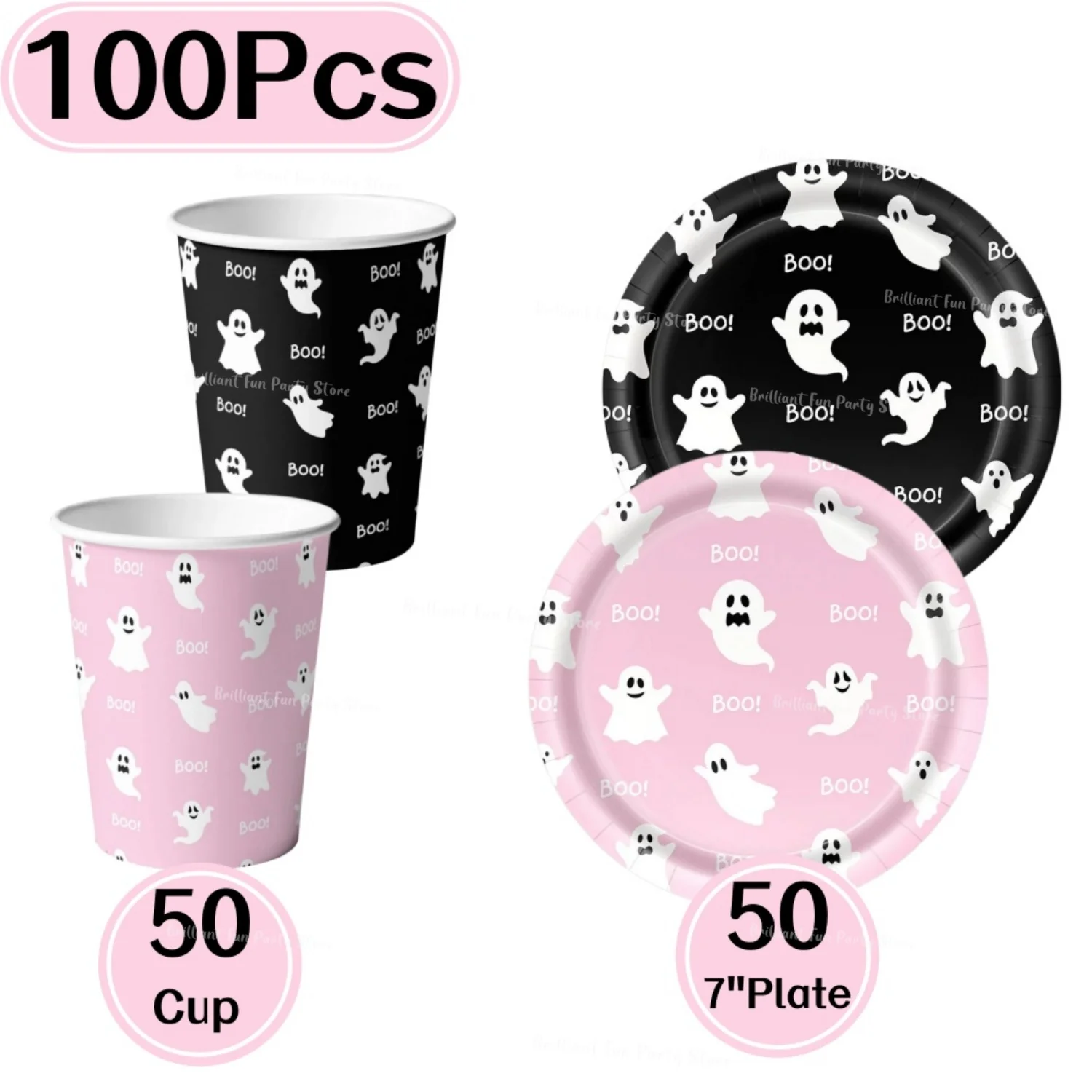 Halloween Geister-Party Zubehör Einweg-Geschirr-Set Rosa &Amp; Schwarz 7-Zoll-Teller Pappbecher Für Kinder Mädchen Geburtstagsfeier Halloween Geister-Party Zubehör Einweg-Geschirr-Set Rosa &Amp; Schwarz 7-Zoll-Teller Pappbecher Für Kinder Mädchen Geburtstagsfeier - Image 6