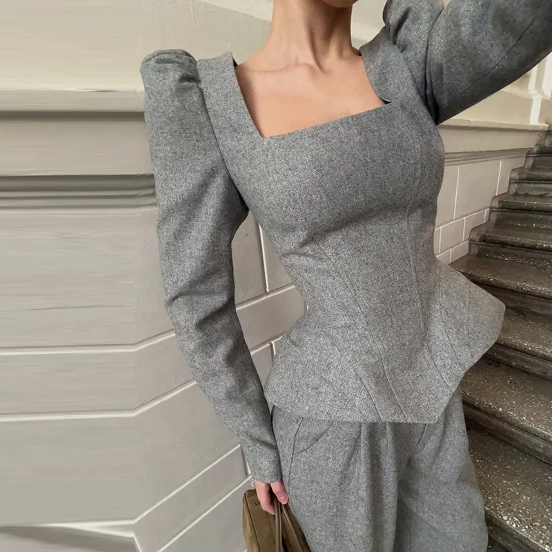 Eleganter Damen Hosenanzug 2026 – Schmal Geschnittenes Outfit Mit Puffärmeln, U-Ausschnitt Und Weiter Hose Für Den Herbst Eleganter Damen Hosenanzug 2026 – Schmal Geschnittenes Outfit Mit Puffärmeln, U-Ausschnitt Und Weiter Hose Für Den Herbst - Image 6