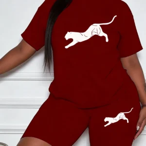 Damen Übergrößen Freizeit-Shorts-Set mit Laufendem Tiermuster-Design, Modisch und Bequem