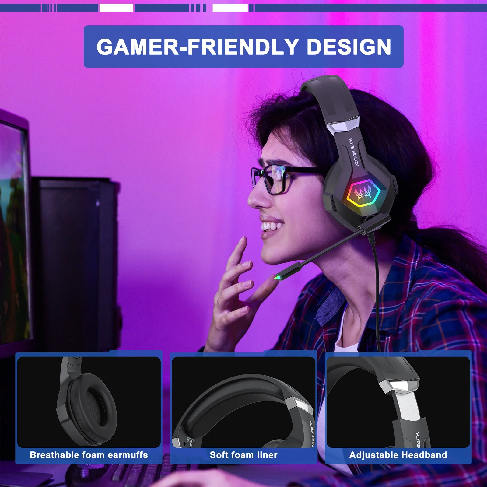Gaming-Headset Mit Mikrofon Und Rgb-Beleuchtung – Inline-Steuerung, 3,5-Mm-Anschluss Für Pc, Ps4, Ps5, Laptop &Amp; Computer Gaming-Headset Mit Mikrofon Und Rgb-Beleuchtung – Inline-Steuerung, 3,5-Mm-Anschluss Für Pc, Ps4, Ps5, Laptop &Amp; Computer - Image 4