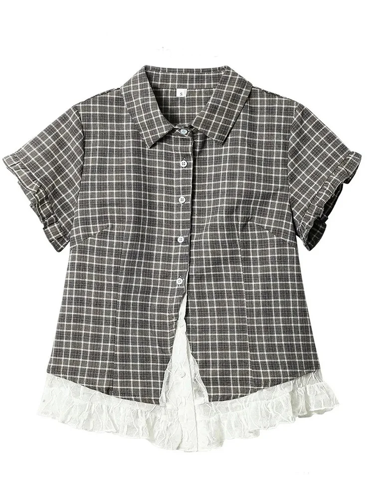 Spitzen-Patchwork Kariertes Hemd Damen Sommer Süße Kurzarm Vintage Bluse Schlanke Süße Retro Japan Kawaii Weibliche Niedliche Lässige Oberteile Spitzen-Patchwork Kariertes Hemd Damen Sommer Süße Kurzarm Vintage Bluse Schlanke Süße Retro Japan Kawaii Weibliche Niedliche Lässige Oberteile