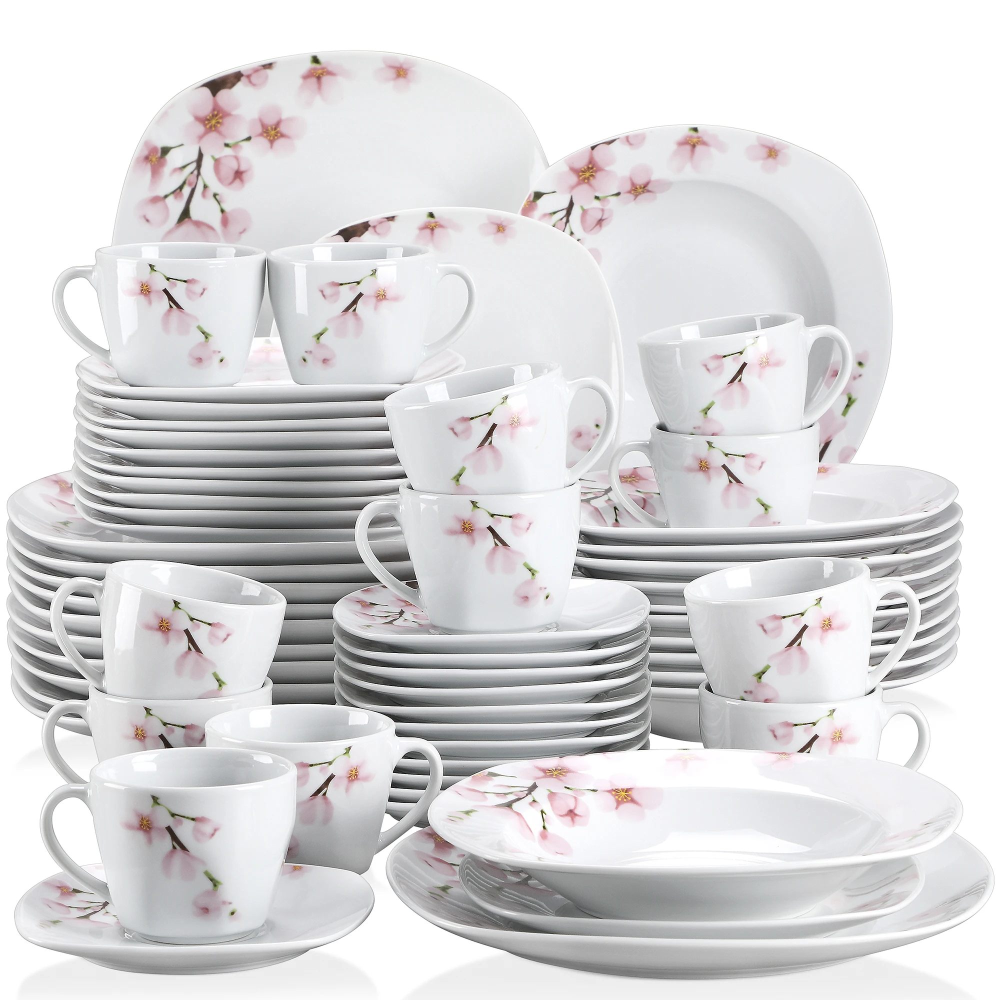 Veweet 30/60-Teiliges Teller-Set Aus Weißem Keramik-Rosa-Blumenporzellan Mit 6-Teiligem Speiseteller/Suppe/Dessert/Tassen/Tauchern Für 6–12 Personen Veweet 30/60-Teiliges Teller-Set Aus Weißem Keramik-Rosa-Blumenporzellan Mit 6-Teiligem Speiseteller/Suppe/Dessert/Tassen/Tauchern Für 6–12 Personen - Image 3