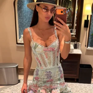 Blumendruck-Rüschenbesatz 2-teiliges Set Damen Sweetheart Neck Crop Top und Minirock Anzüge Sommer Damenmode Party Outfit