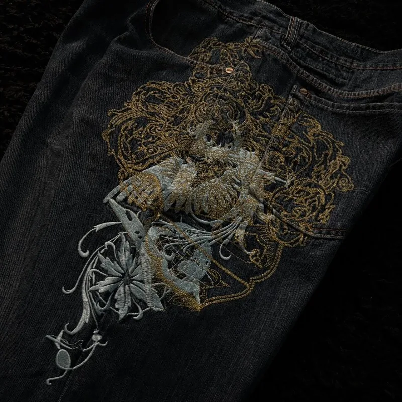 American New Fashion Oversize Pattern Embroidered Baggy Jeans Men Y2K Gothic Harajuku Hip Hop Straight High Waist Wide Leg Pants American New Fashion Oversize Pattern Embroidered Baggy Jeans Men Y2K Gothic Harajuku Hip Hop Straight High Waist Wide Leg Pants - Image 5